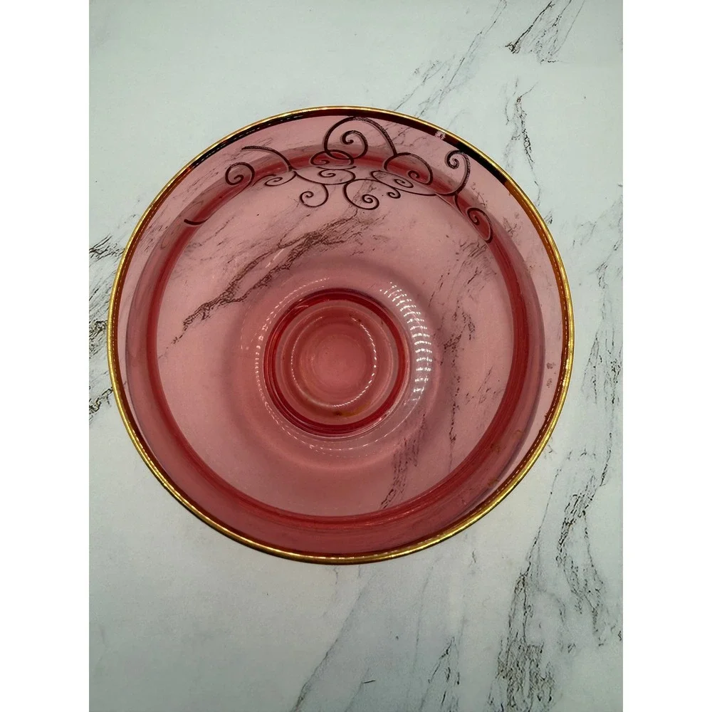 Vintage Cranberry Glass Rose Bowl Vase Gold Scroll Filigree Gilt Rim Pink 5in